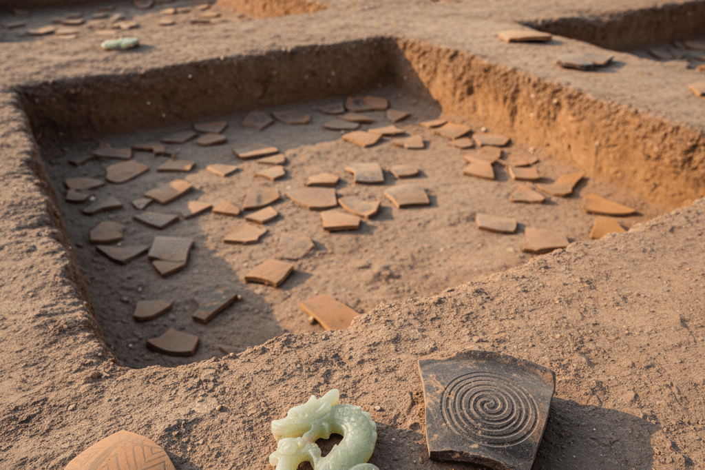 Detailed view of ancient jade and pottery remnants at Wangzhuang excavation site under natural light