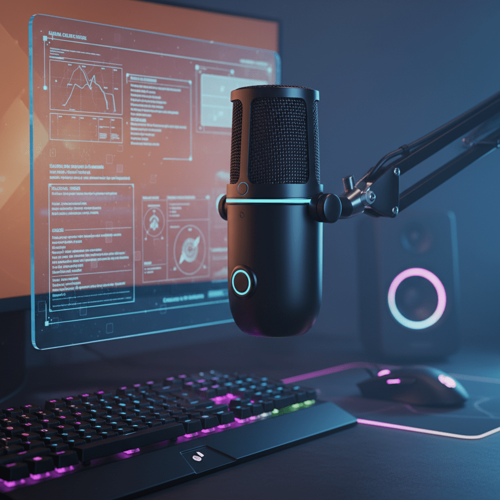 Matte black microphone on a futuristic gaming desk with RGB lighting.
