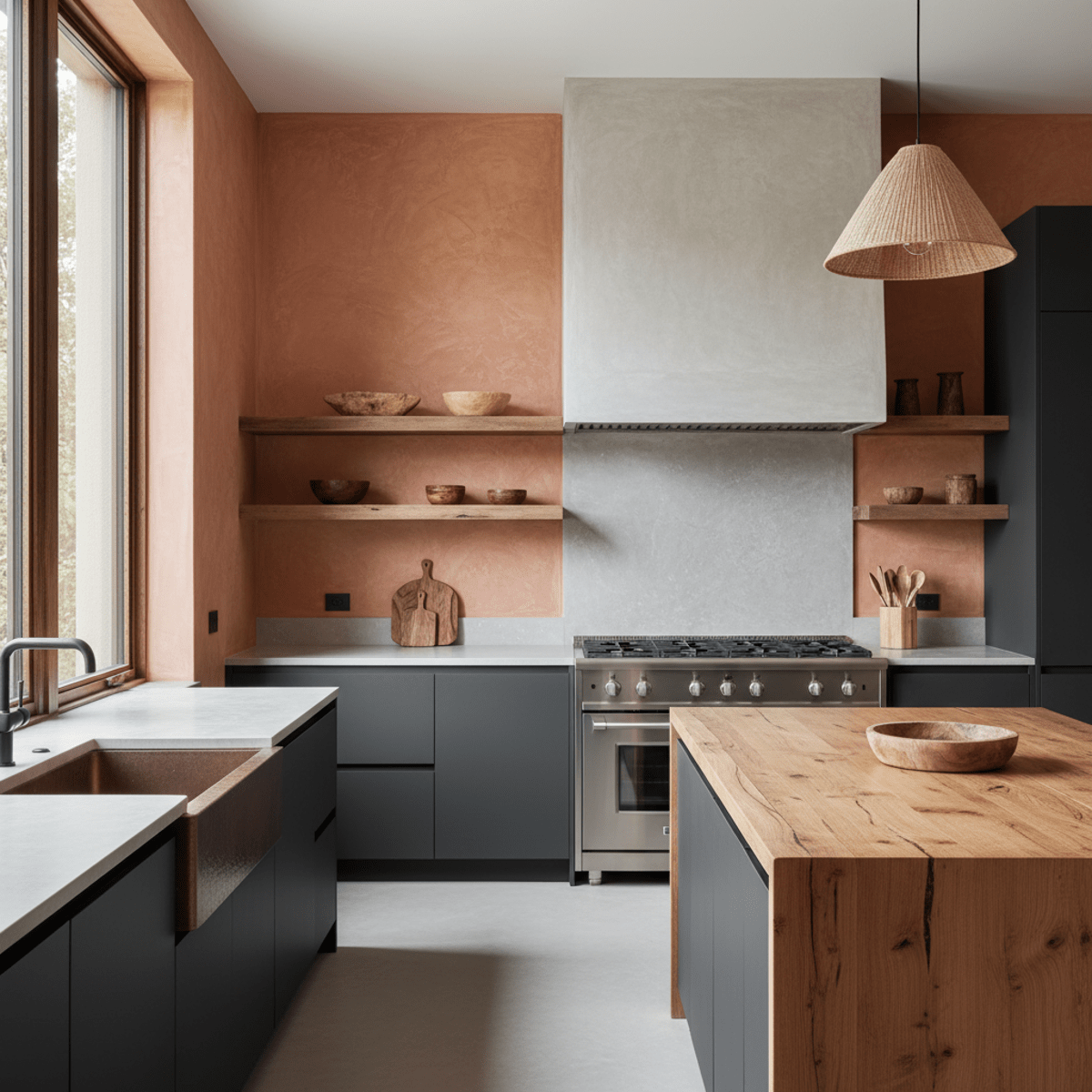 High-end kitchen with Venetian plaster walls and custom limewash range hood.