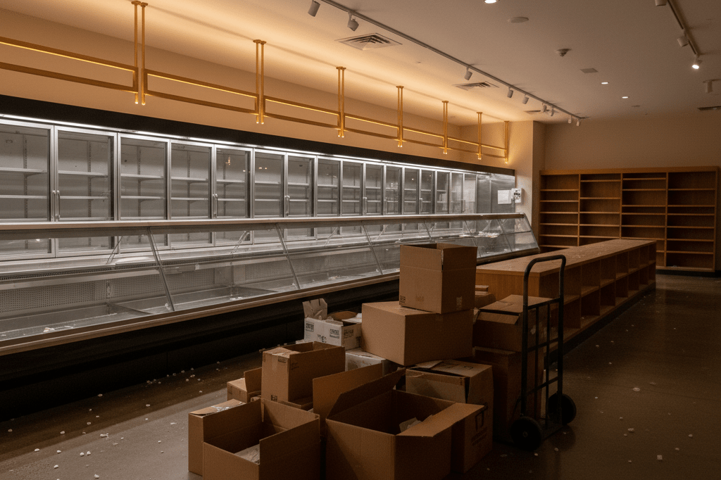 Vacant high-end deli counter with empty shelves and boxes under warm light, symbolizing retail closure