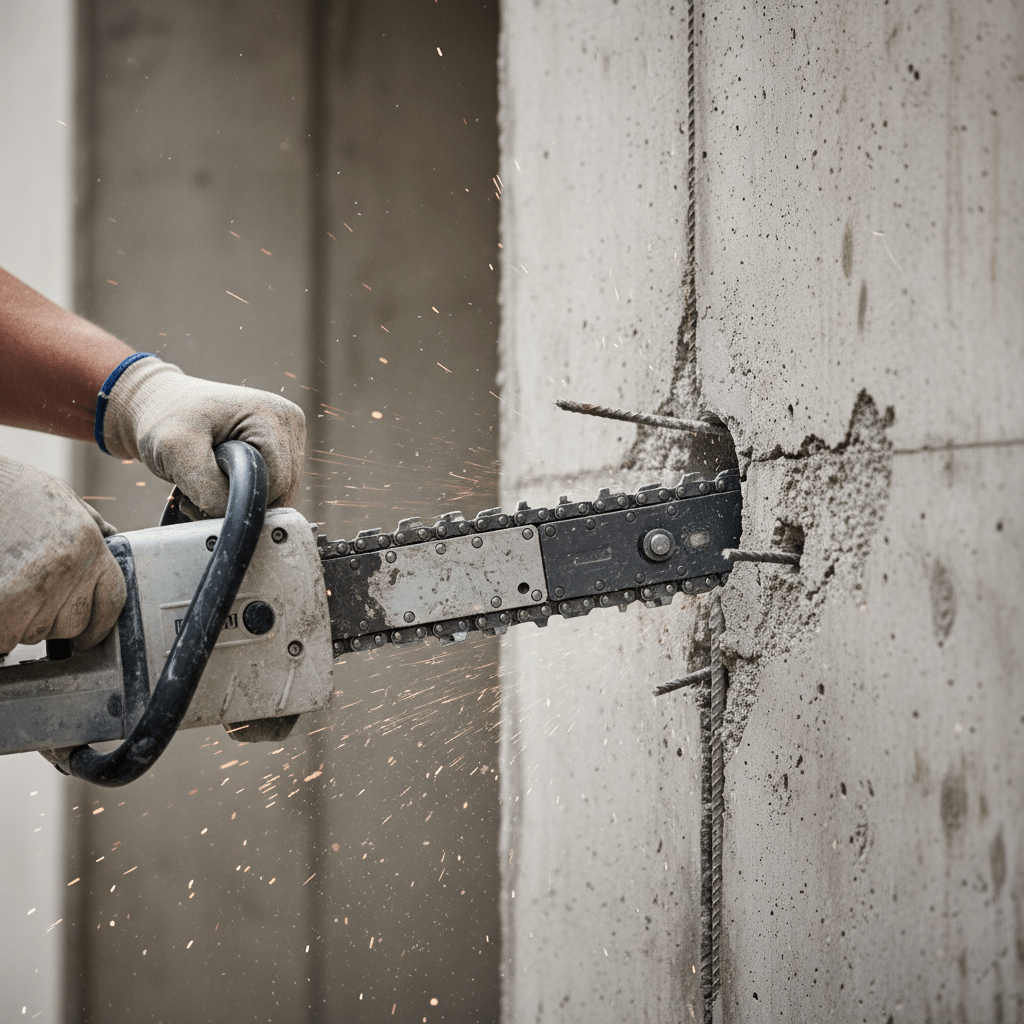 Construction worker uses a chain saw for precise concrete cutting, creating a small opening.
