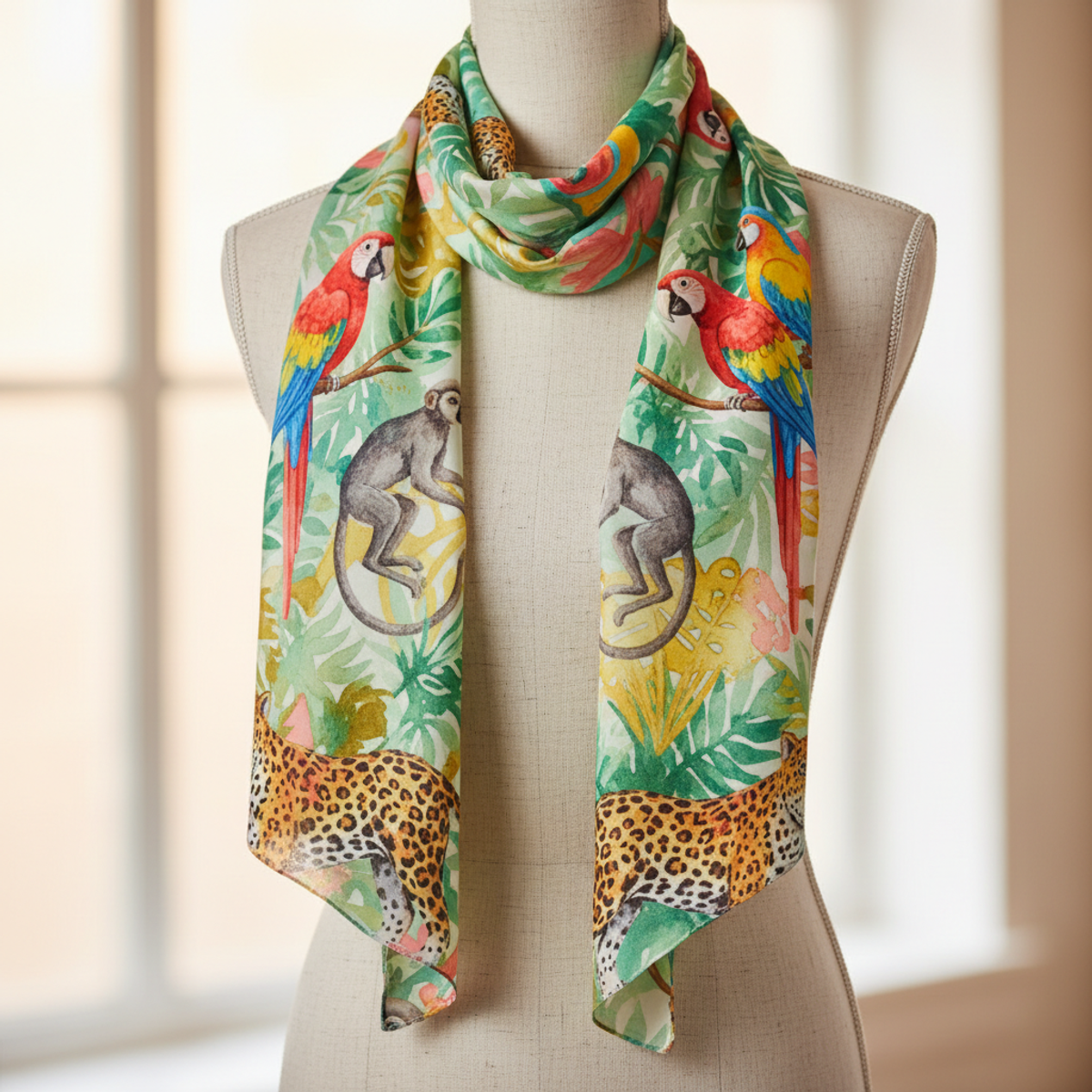 Bohemian silk scarf with a watercolor jungle print and exotic animals.