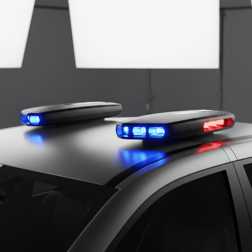 Close-up of advanced police light bar with blue and red beams on a matte black roof.