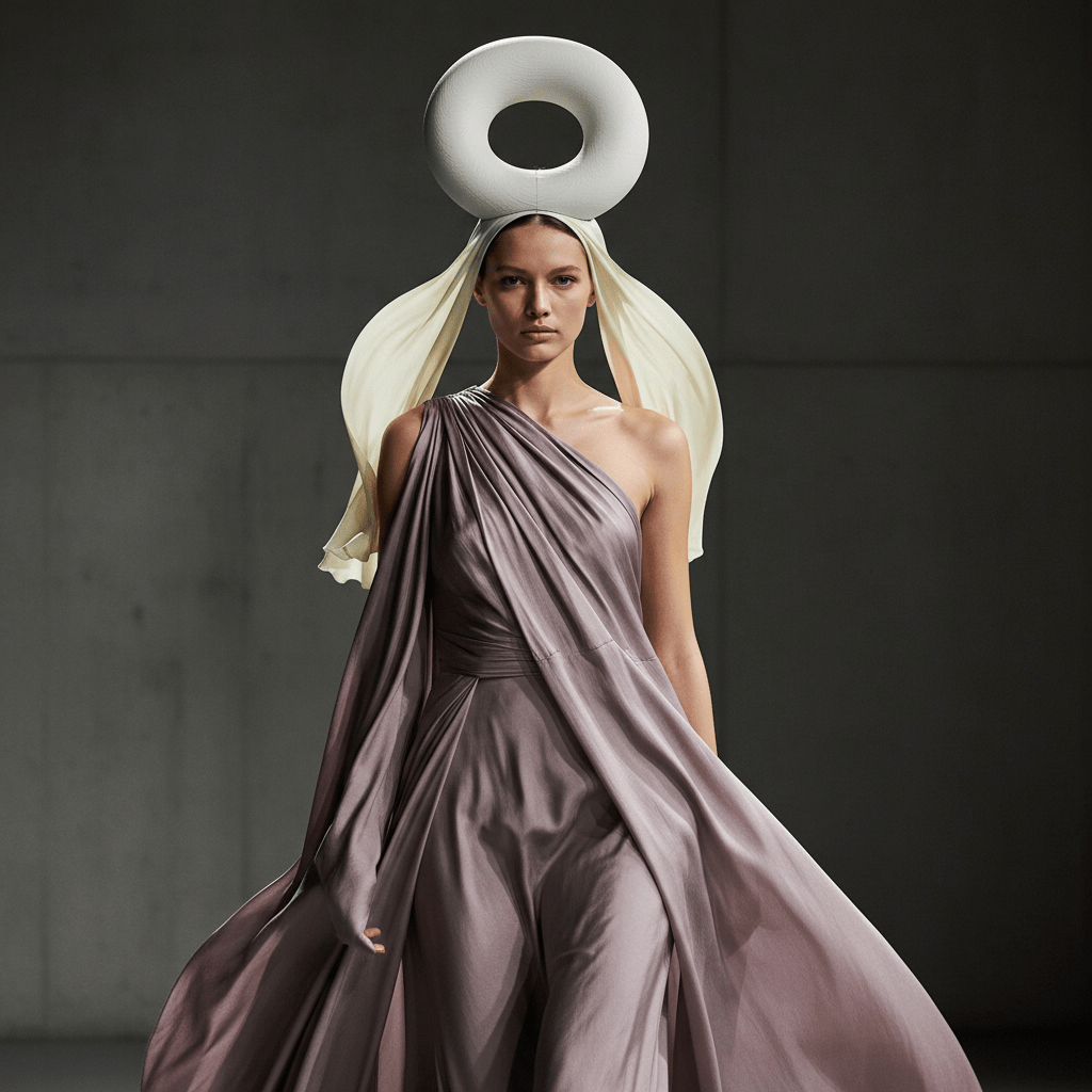 Avant-garde runway look featuring matte white 3D-printed headpieces and mauve silk gown.