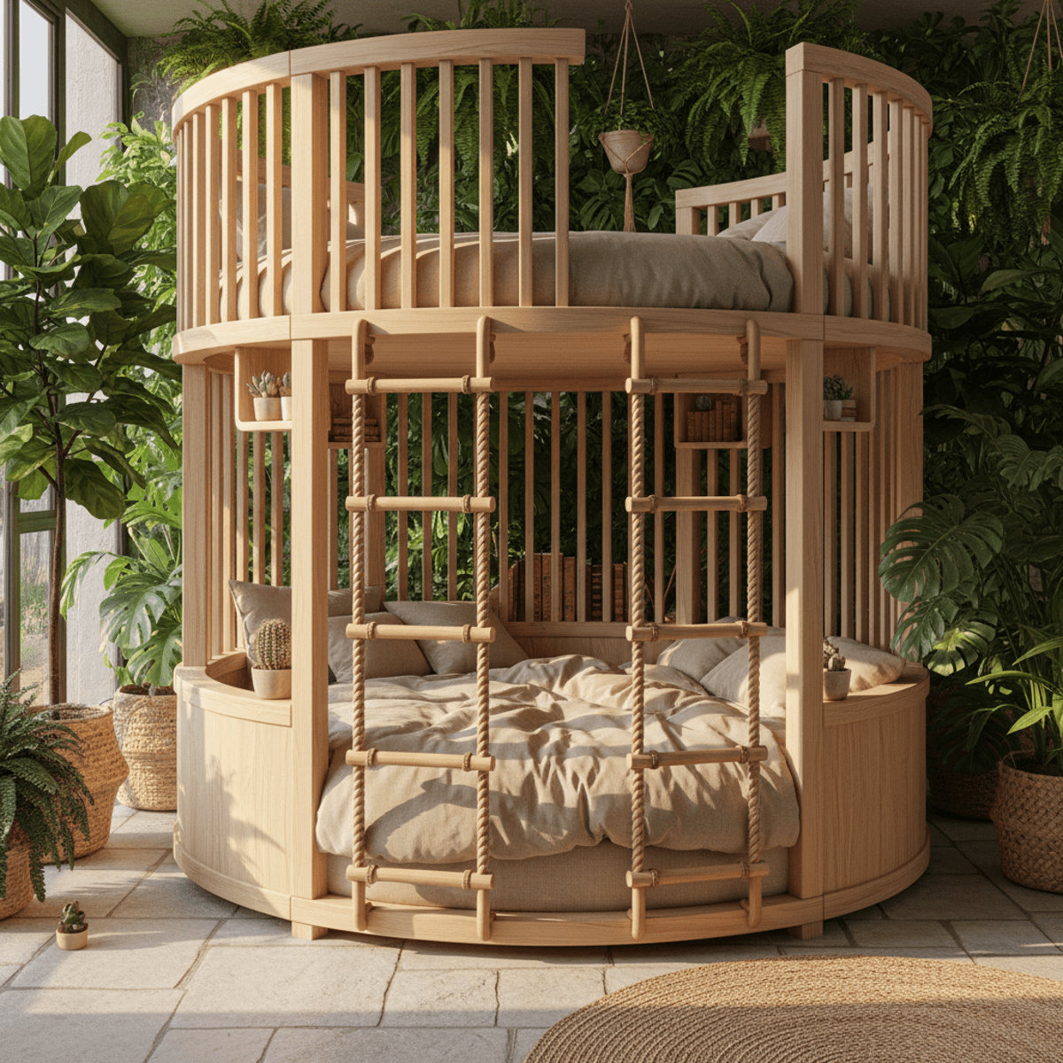 Circular ash wood bunk bed with curved slats, succulents, and rope ladders in a modern interior.
