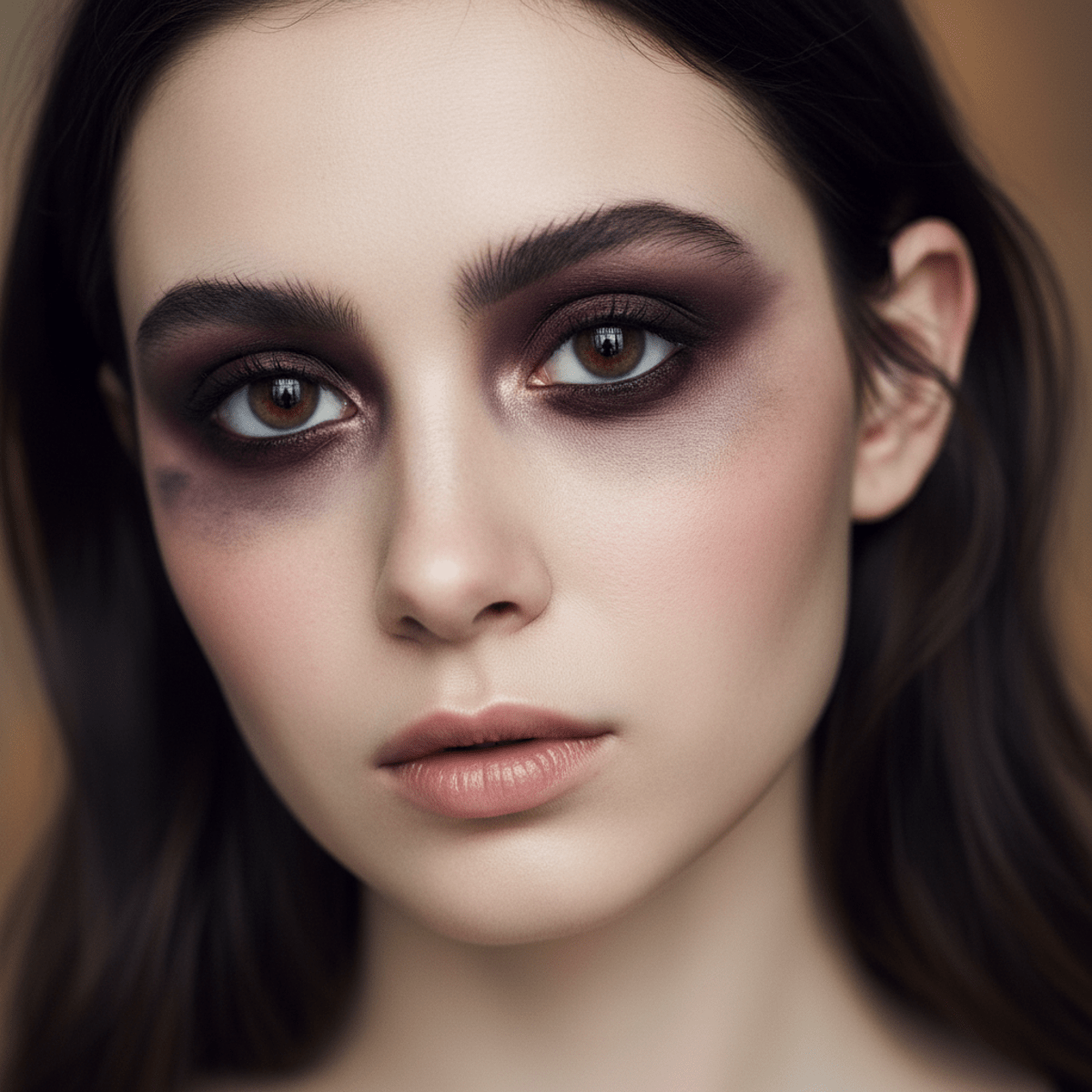 Close-up portrait of a woman with soft goth smudged eyeshadow and pale skin.