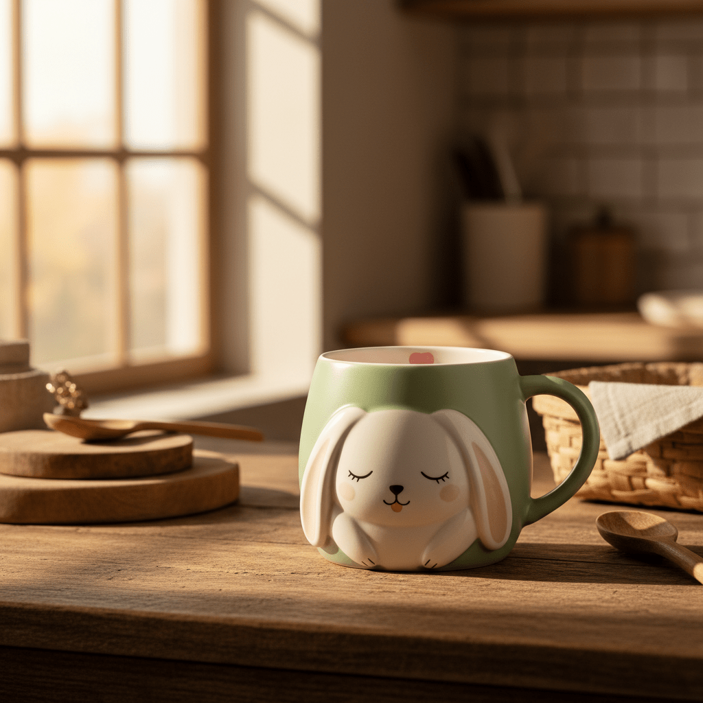Sage green ceramic mug with matte finish featuring a sleepy bunny design.