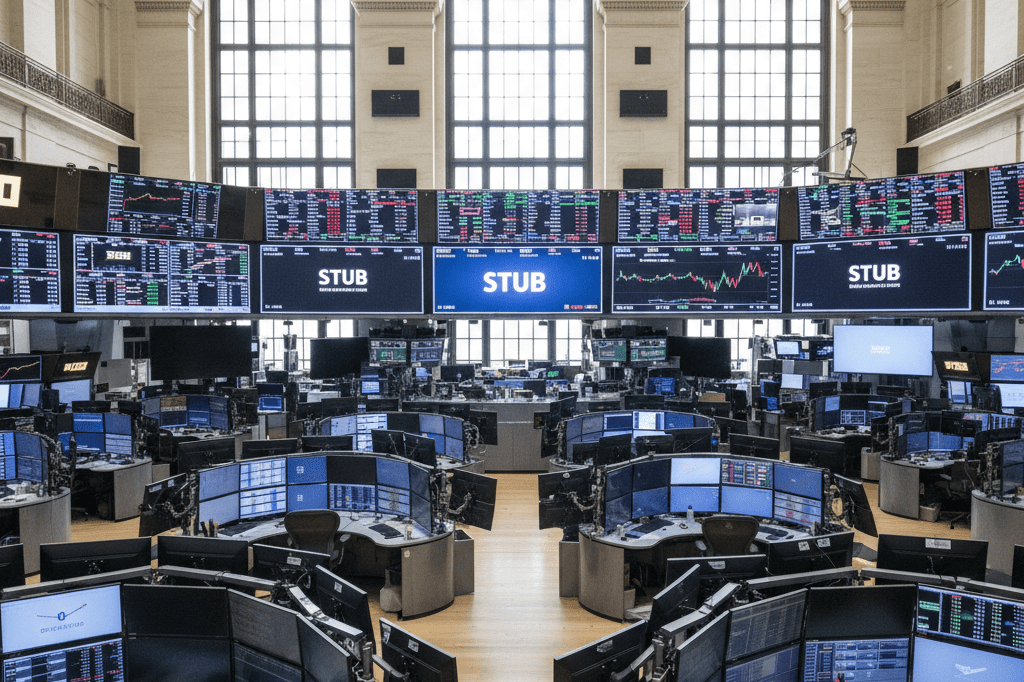 Wide-angle view of NYSE trading floor with digital screens showing stock tickers under natural light, symbolizing platform economics