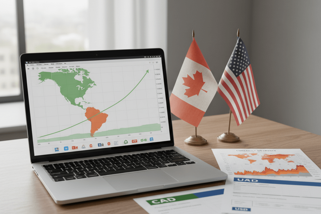 Medium shot of a professional desk showing laptop forex chart, shipping docs, and subtle Canadian and US flags under natural office lighting