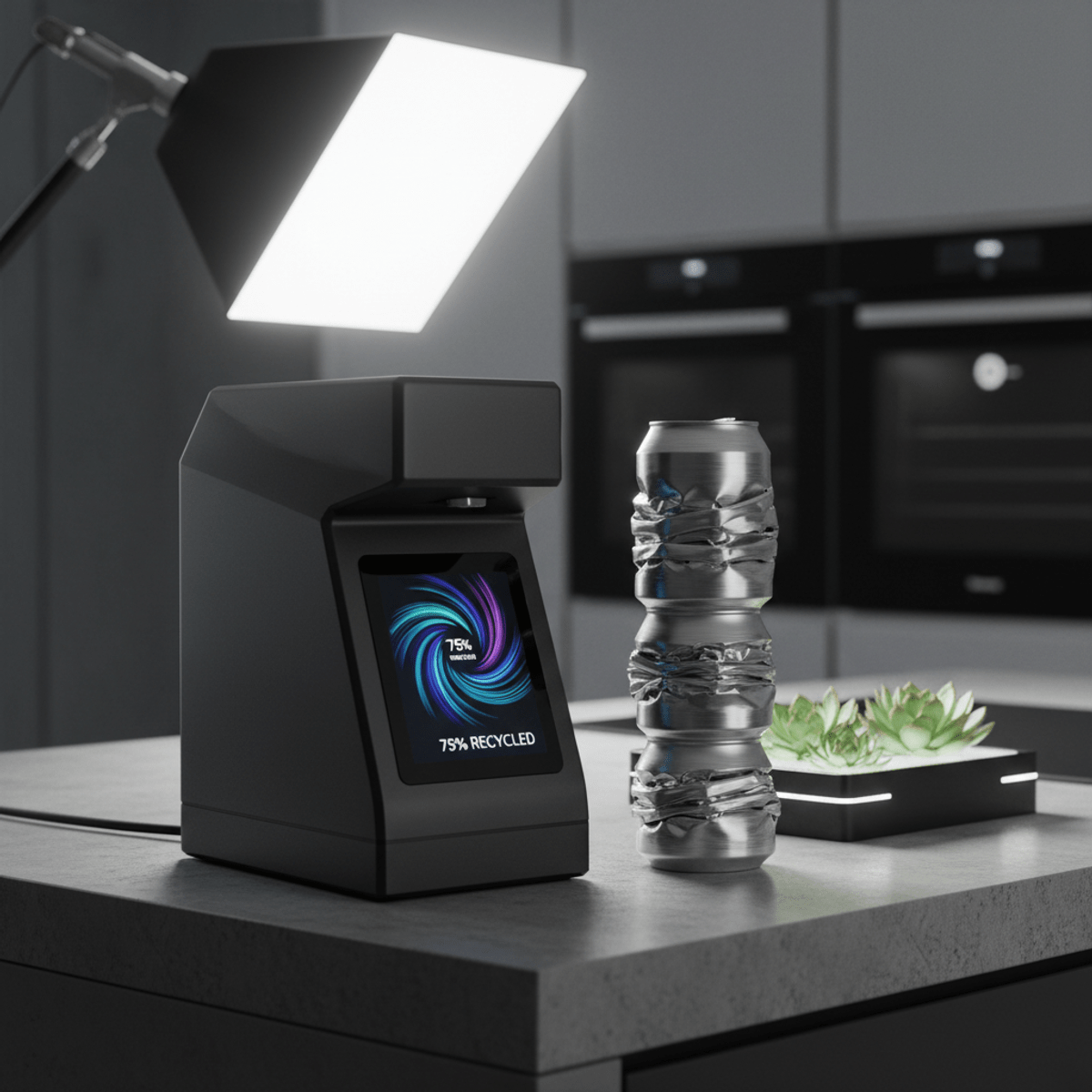 Futuristic electric can crusher on counter with LED recycling progress display.