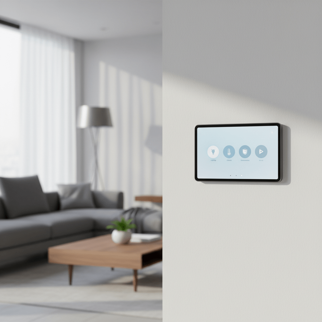 Modern wall-mounted smart home tablet with minimalist dashboard on a matte white wall.