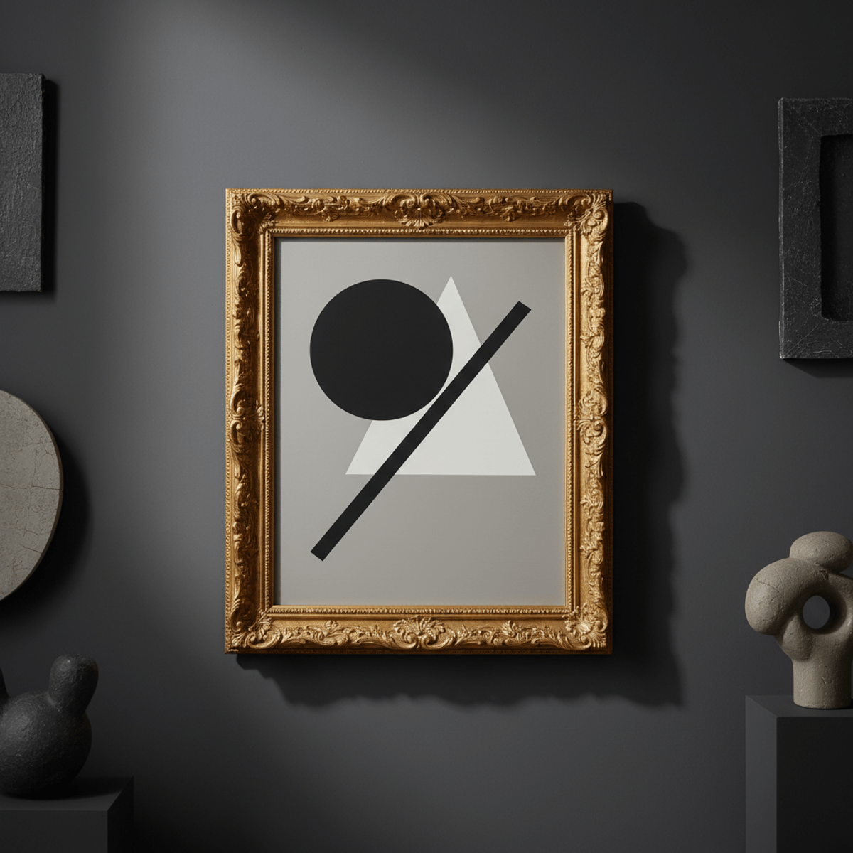 Geometric poster within an ornate gold baroque frame. Monochrome geometric poster in ornate gold baroque frame on charcoal wall.