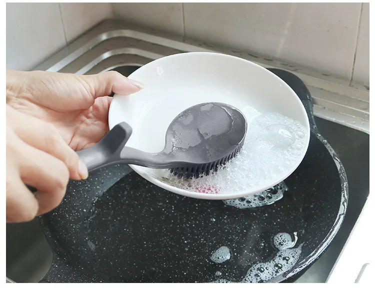 New Heat Resistant Multifunction Long Handle Kitchen Cooking Silicone Pan pot  Dish washing Brush sponge