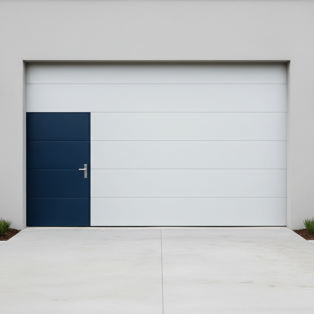 Contemporary garage door with white main and navy pedestrian doors, matte finish.