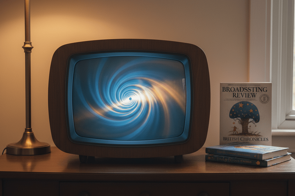 Medium shot of a classic wooden-console television glowing with indistinct blue and gold light, no people or branding visible