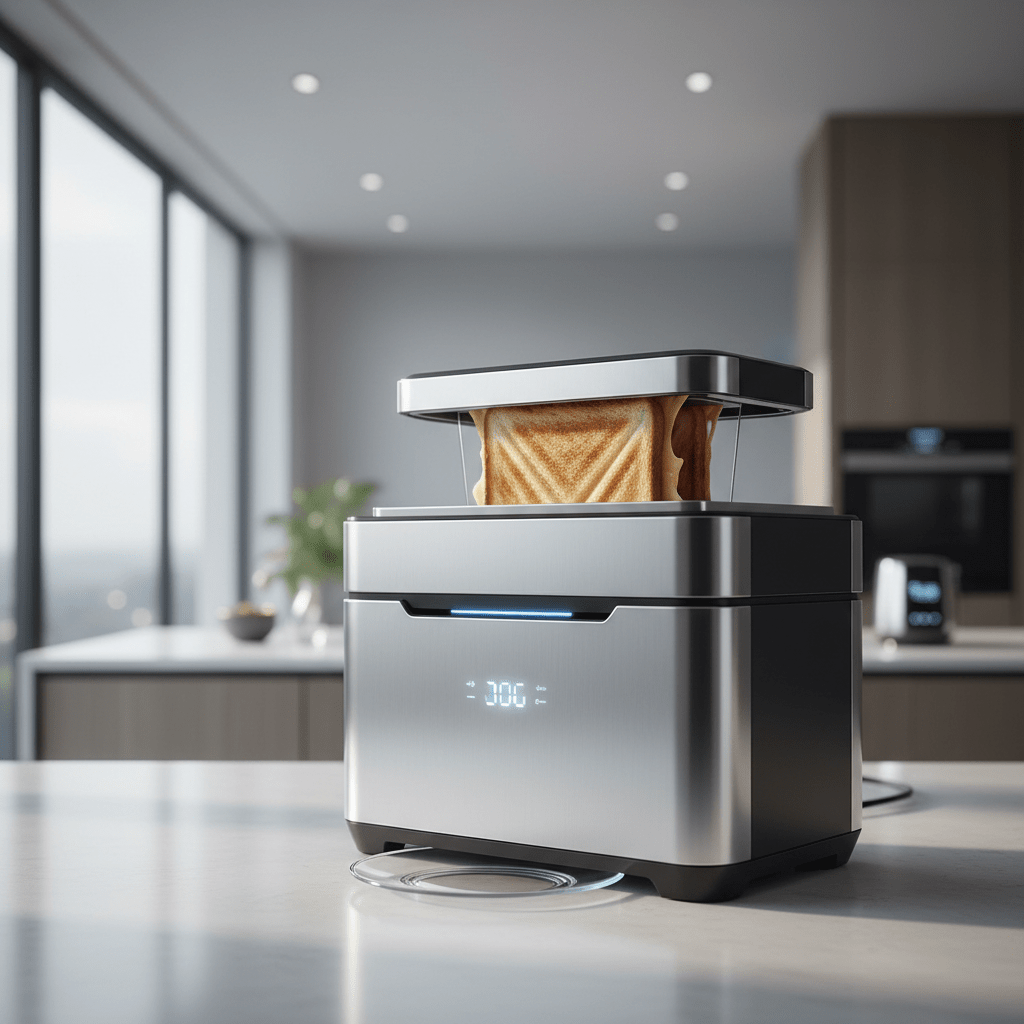 Futuristic sandwich toaster in a modern smart kitchen, golden sandwich emerging.