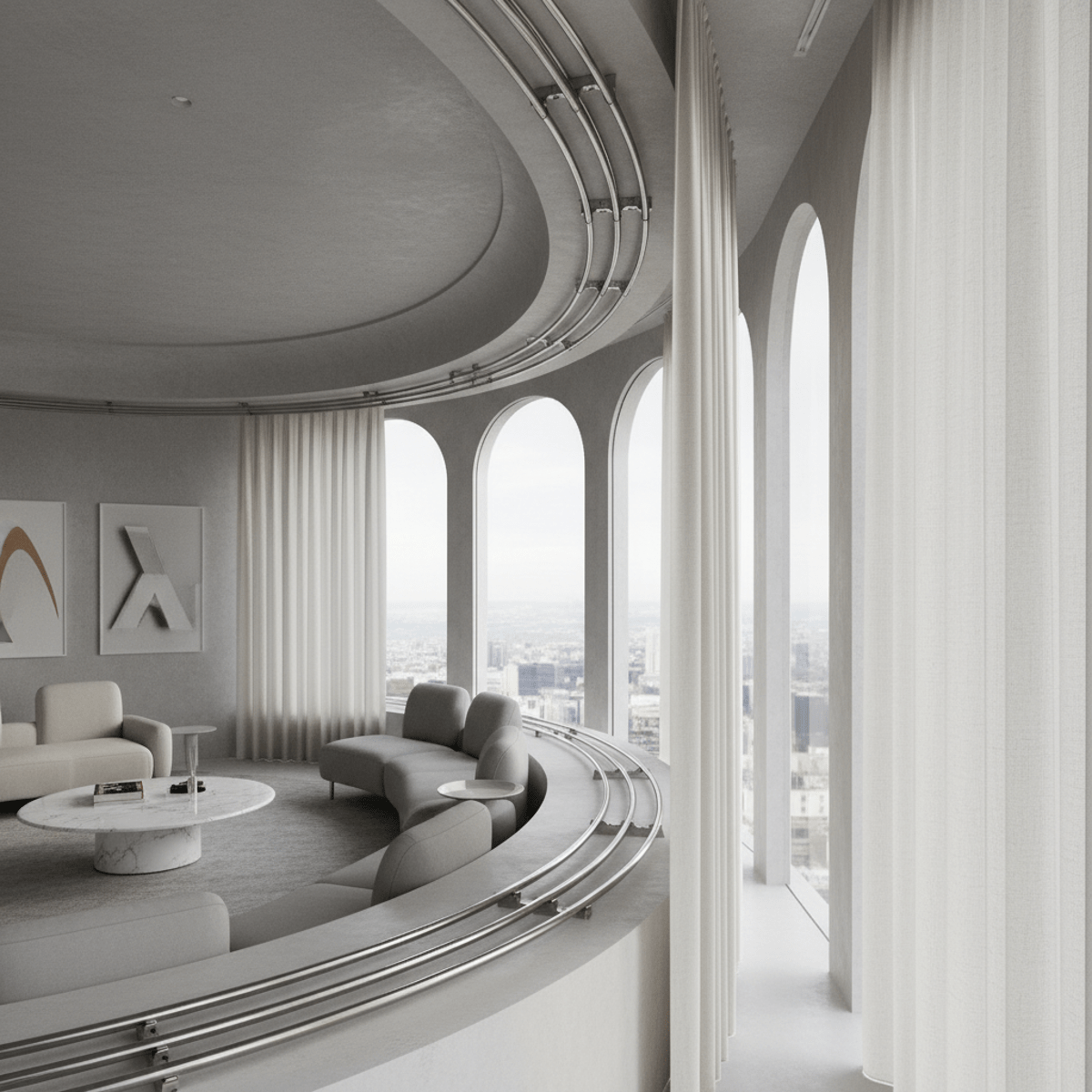 Automatic ripple fold curtains glide on a curved track in a minimalist bay window.