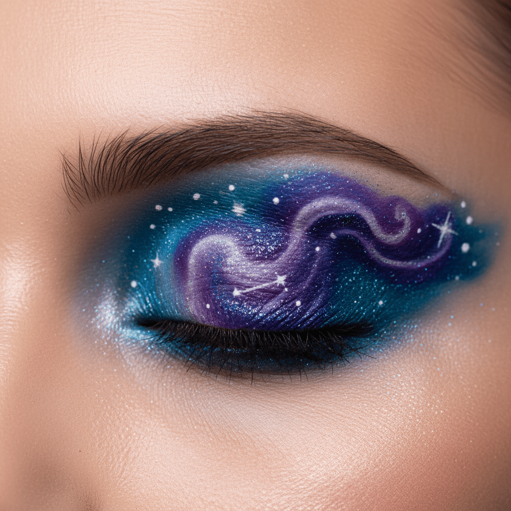 Artistic eye makeup with cosmic nebula swirls in blue, purple, and teal.