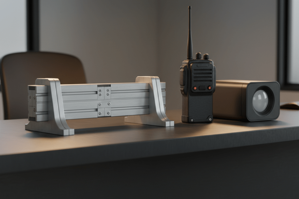 High-quality security gear including barricades and radios on a desk under warm office lighting