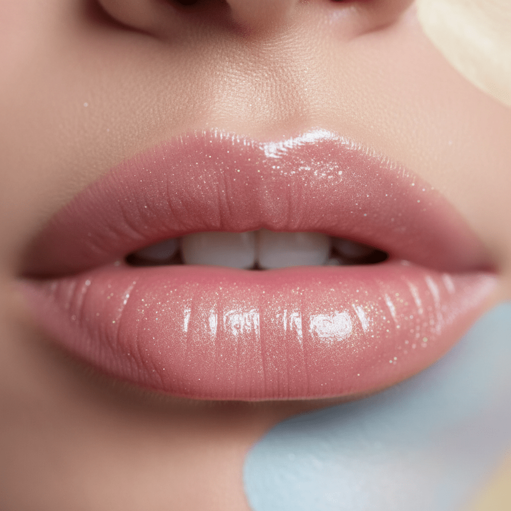 Close-up of soft pink lips with pearlescent shimmer and luminous glow.