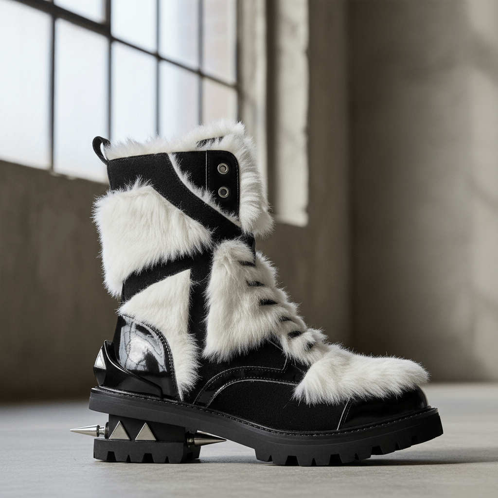 Deconstructed avant-garde fur boots with mixed finishes Avant-garde deconstructed boots with asymmetrical fur and mixed matte and glossy finishes.