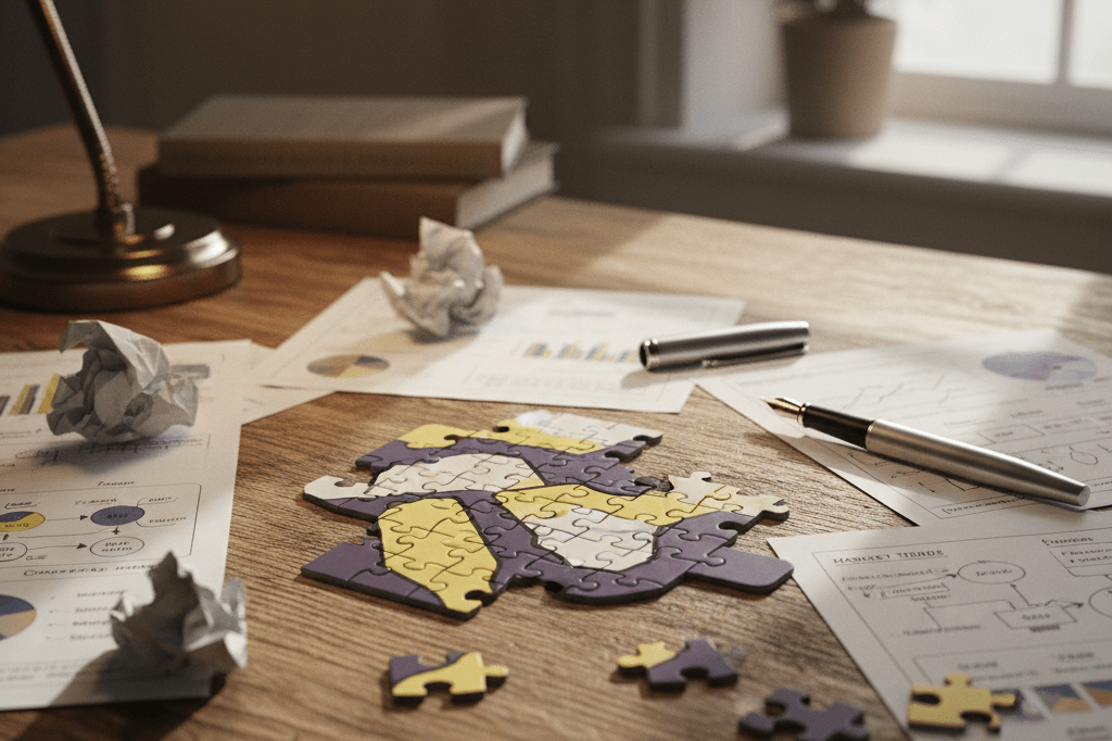 Close-up of puzzle pieces and analysis notes on a desk under warm light, symbolizing cognitive pattern recognition