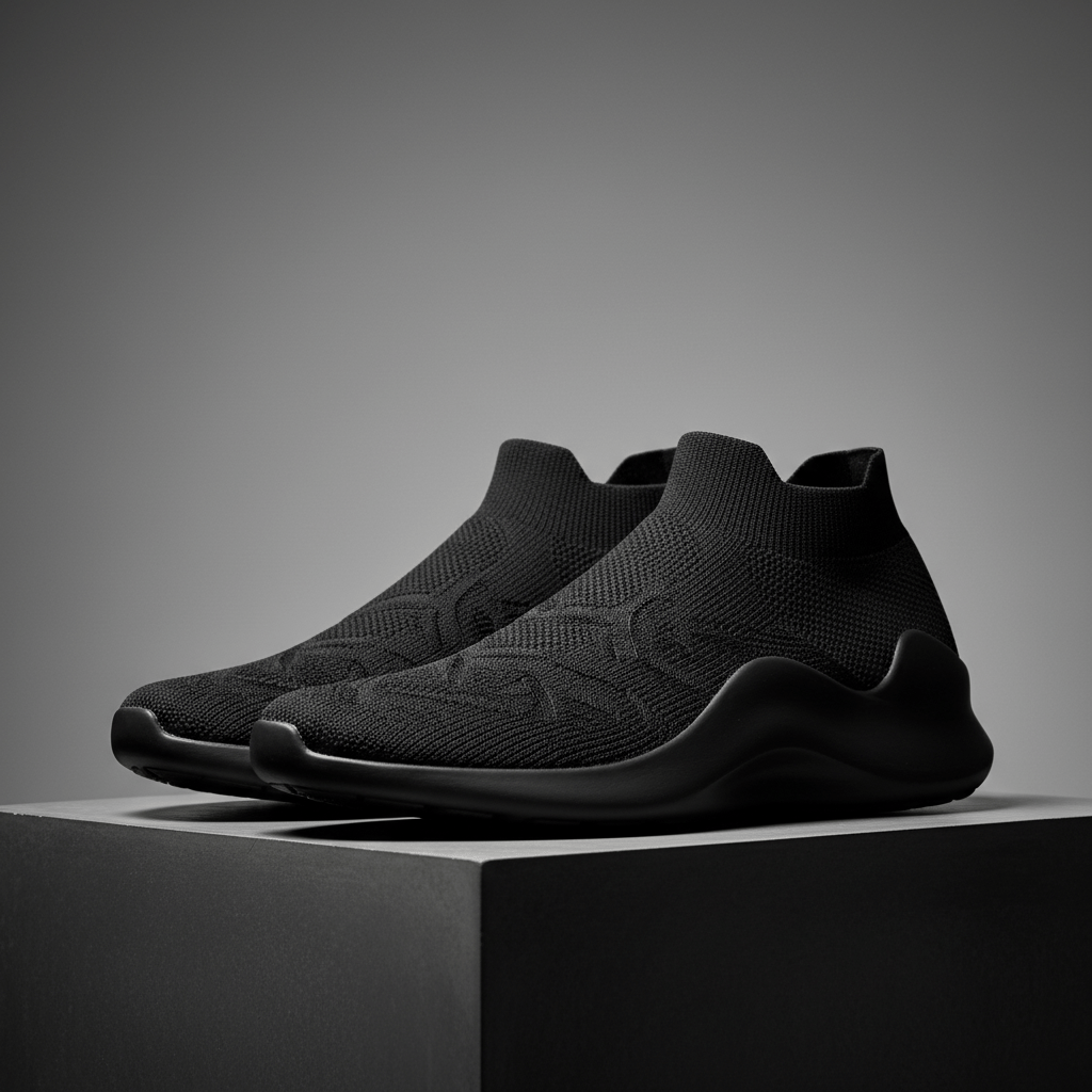 Black slip-on shoes with woven texture on an architectural pedestal.