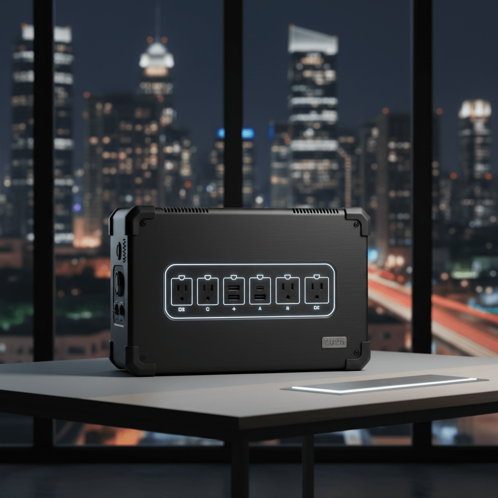 Sleek tactical black power station casing with reinforced corners on a modern desk.