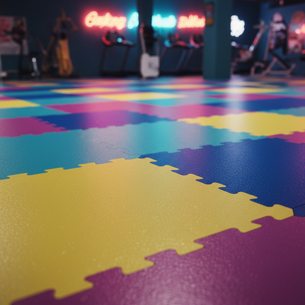 Glossy interlocking sport court tiles in a vibrant, retro arcade-inspired layout with bold colors.