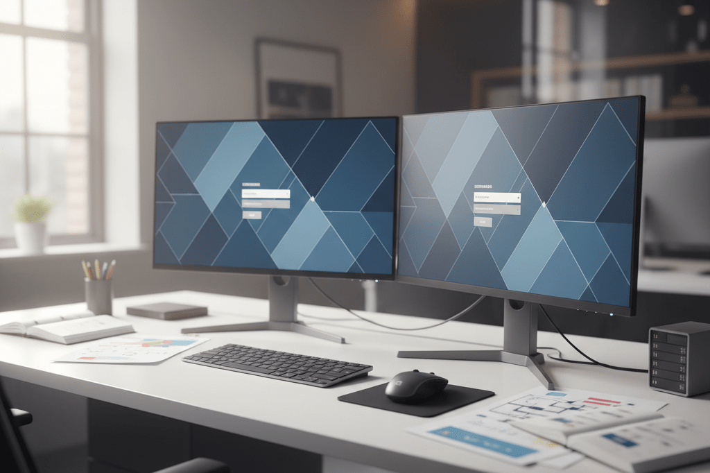 Desk with dual monitors, keyboard, and papers under natural light, highlighting reliance on technology for business operations