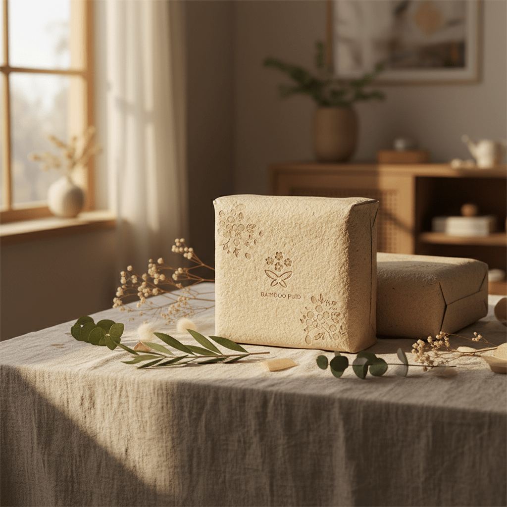 Premium maternity pad packaging with organic bamboo texture on linen.