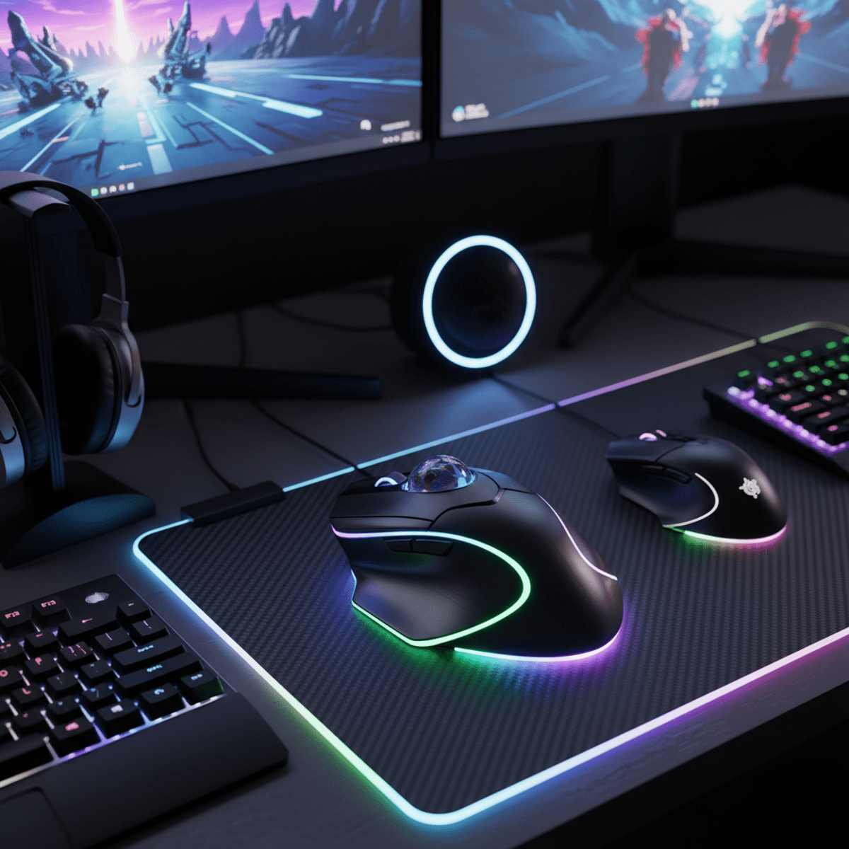 Futuristic trackball mouse with neon RGB glow on carbon fiber pad.