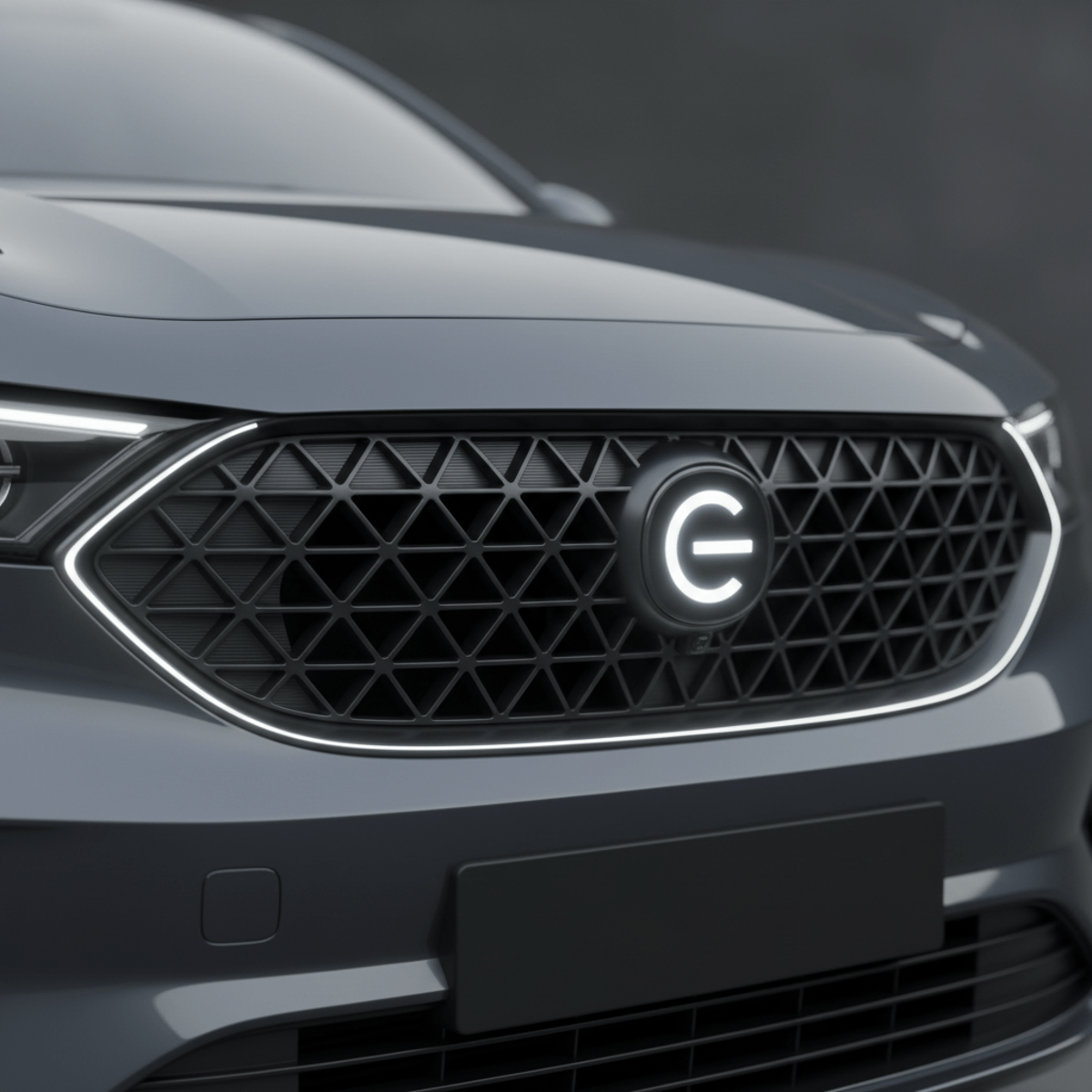 Close-up of an electric car's sculpted, closed-off grille with geometric textures and glowing accents.