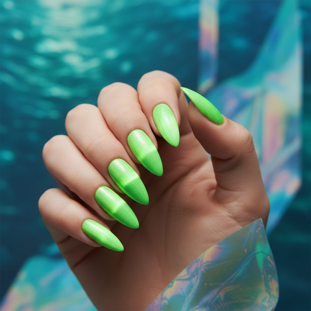 Futuristic bio-luminescent green stiletto nails with magnetic cat-eye finish.
