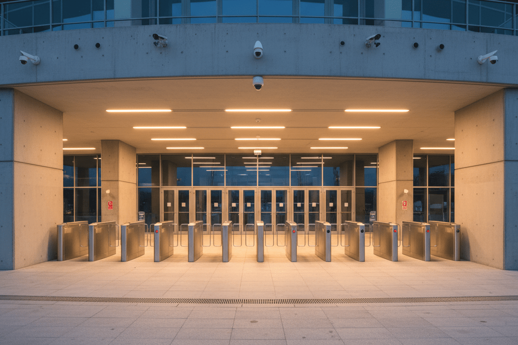 Wide shot of a concert venue’s secure entrance featuring advanced detection systems under ambient lighting