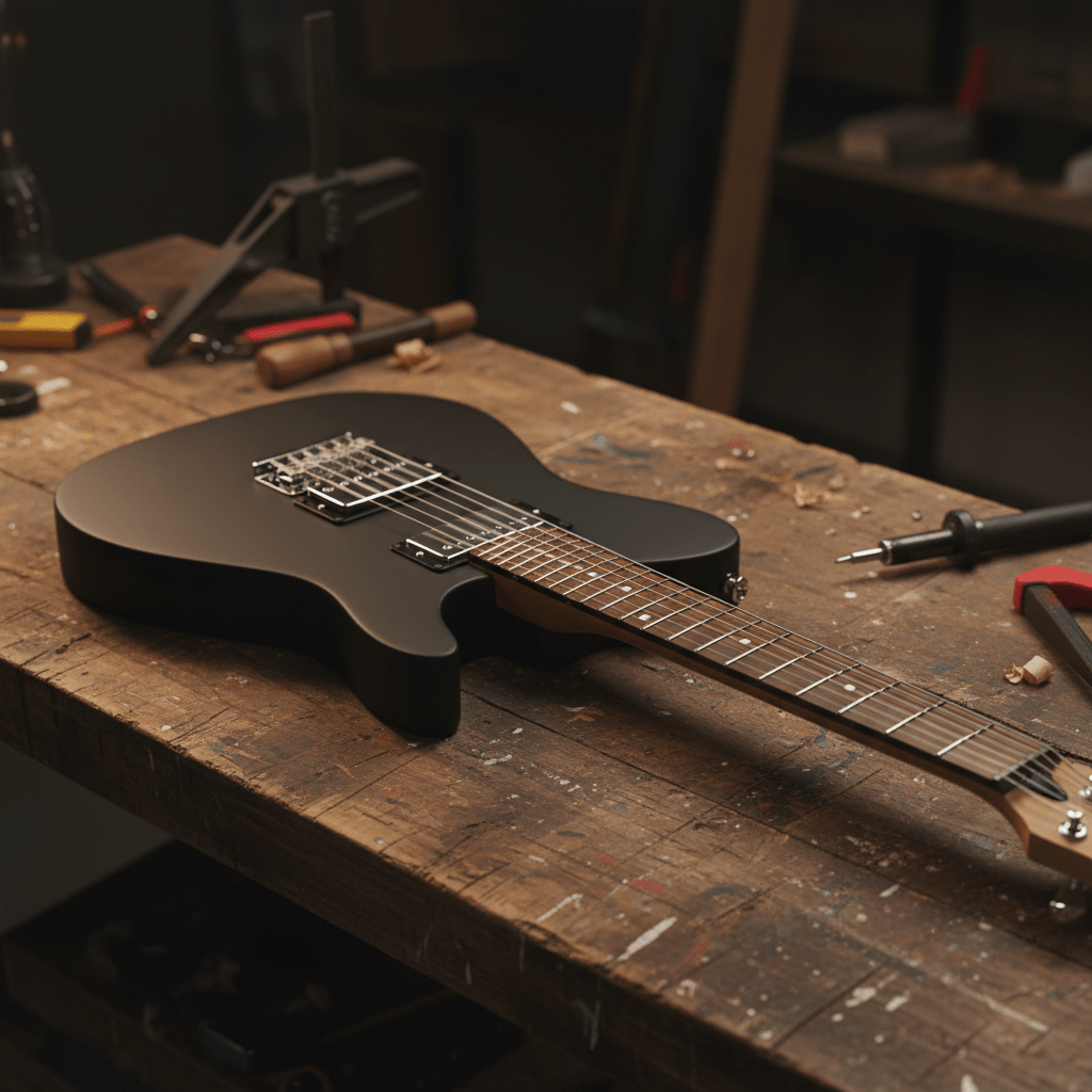 Sleek modern baritone guitar with matte black finish on a rustic workbench.