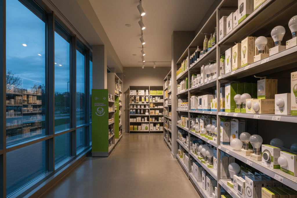 Wide-angle view of energy-saving products displayed in a retail store under ambient lighting, highlighting sustainable merchandising trends