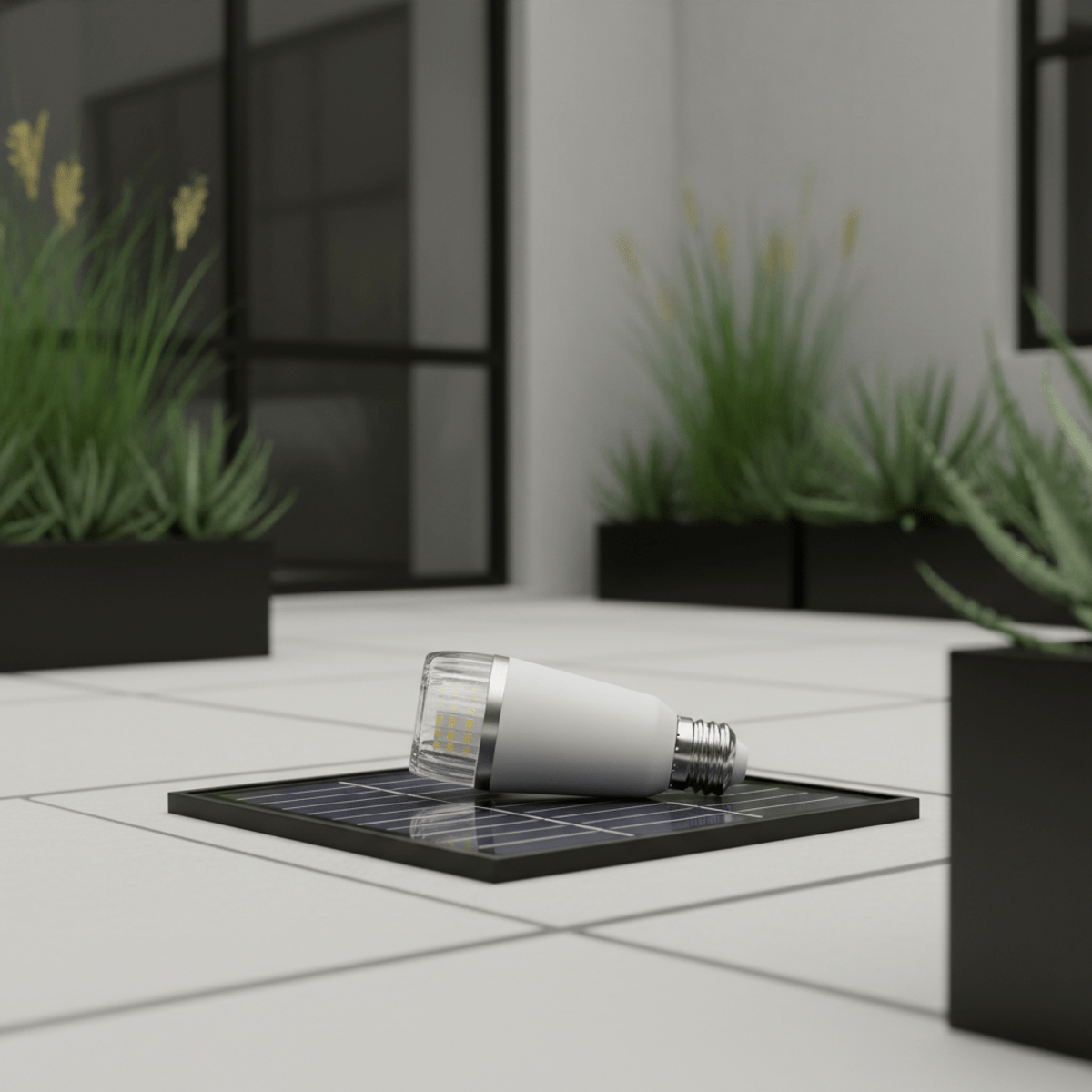 Detachable LED bulb on solar dock on modern patio, soft diffused daylight.