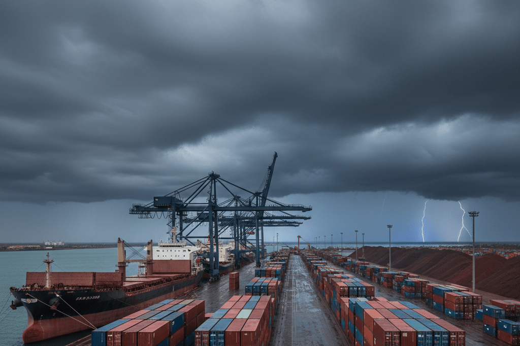 Stormy sky over a busy Australian mining port with iron ore stockpiles and cargo ships awaiting departure