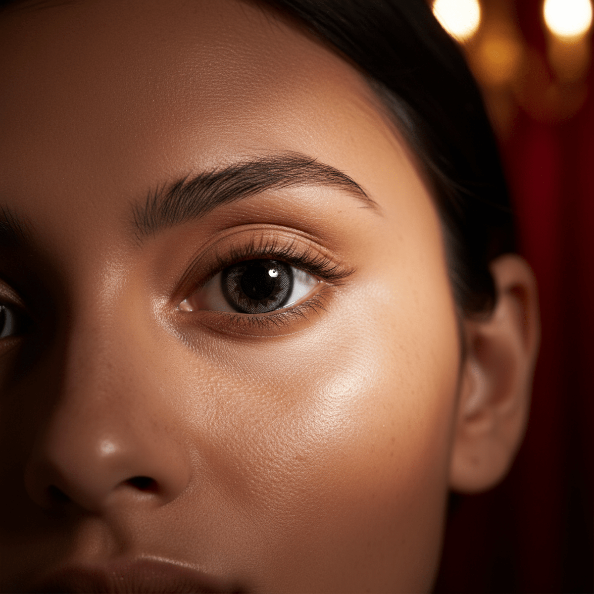 Dramatic black mini sclera contacts create a void-like effect on warm skin.