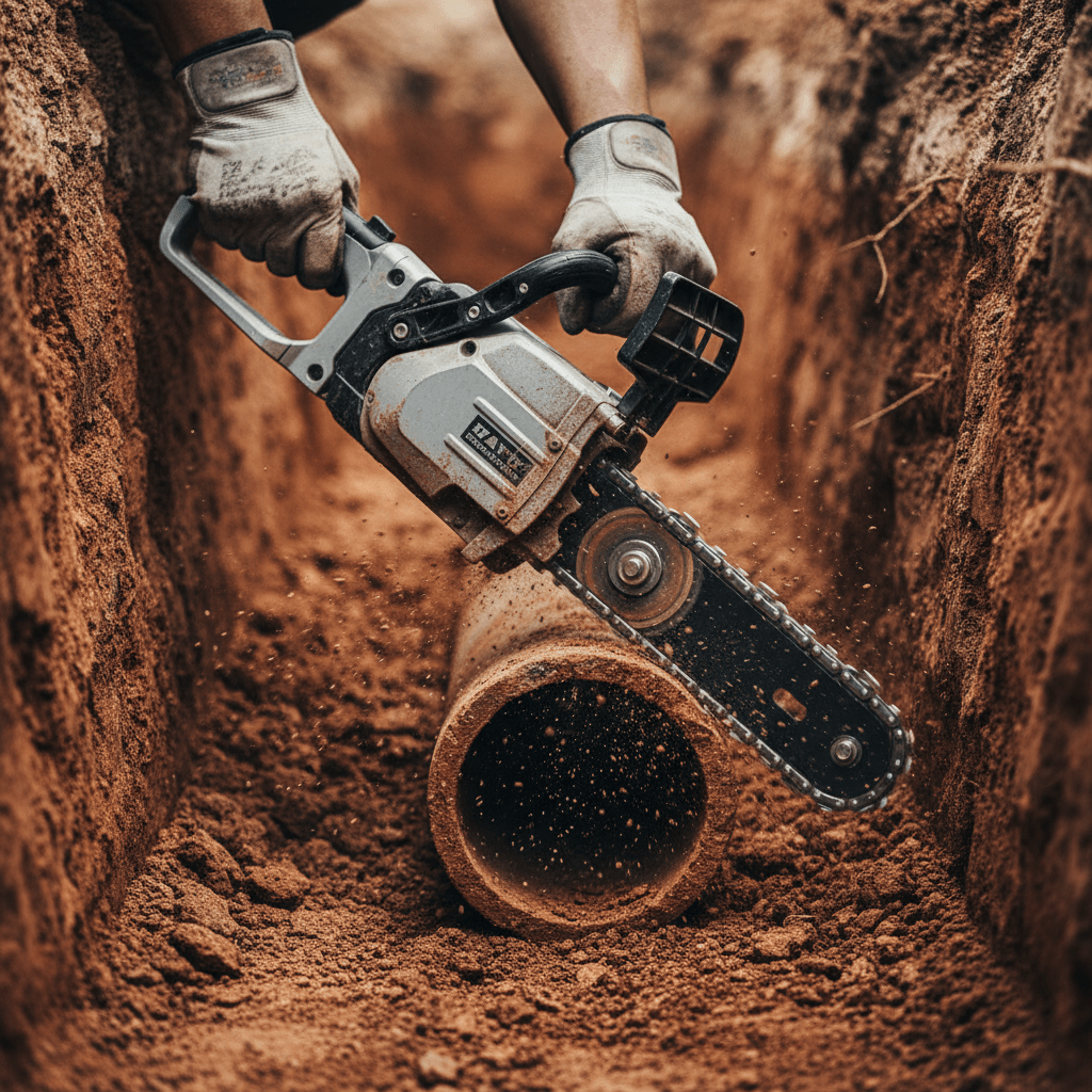 Concrete saw cuts weathered clay pipe in trench, gloved hands grip handles.