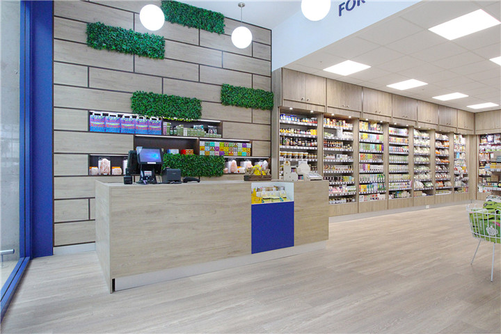 现代定制零售医疗店现金柜台设计药店商店木制玻璃墙货架陈列用于药店