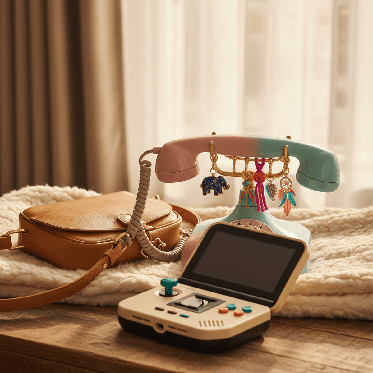 Vintage-inspired phone with colorful charms sits by a gaming console and leather bag.