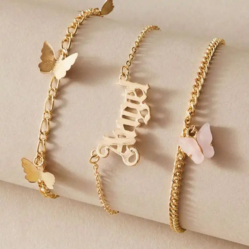 New Arrival Three-layer Gold Plated Pink Black Color Butterfly Angel Pendant Chain Anklet