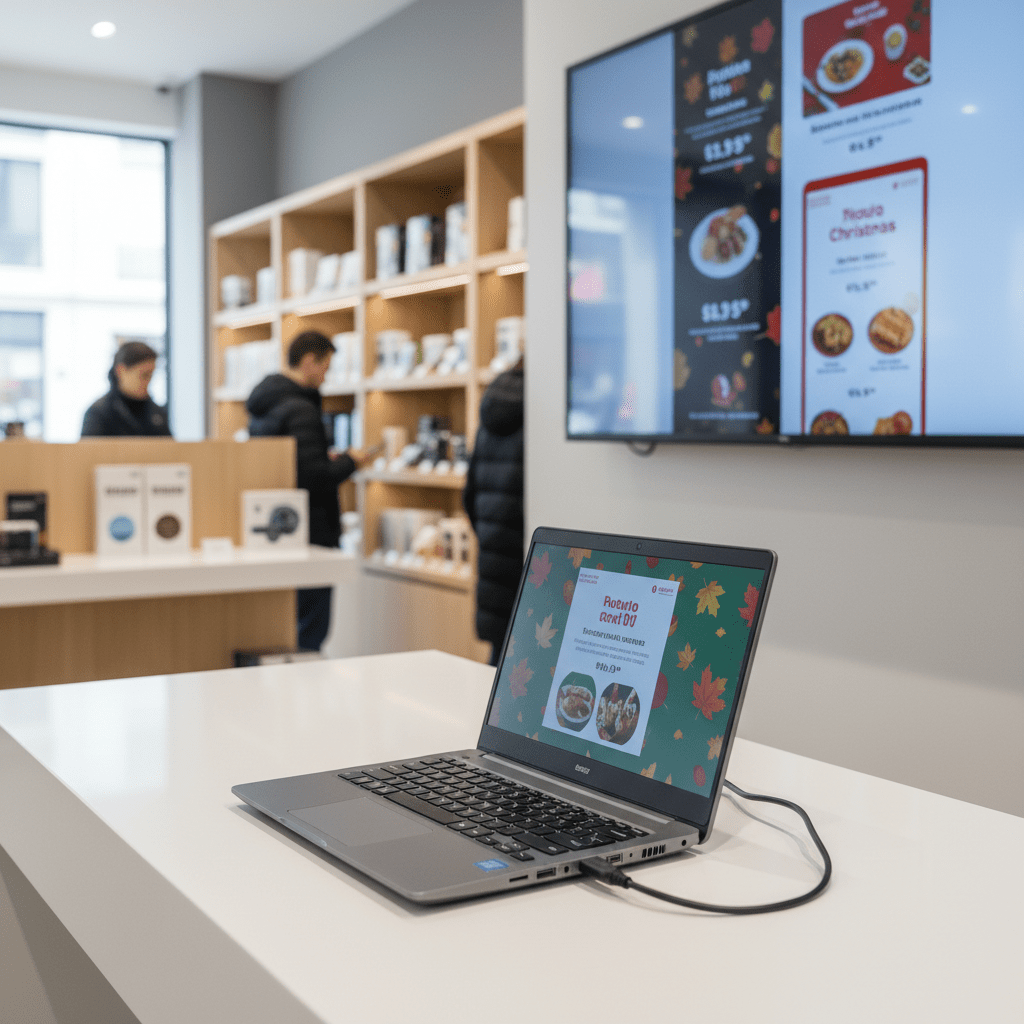 Budget laptop connected to large digital signage with promotional videos.