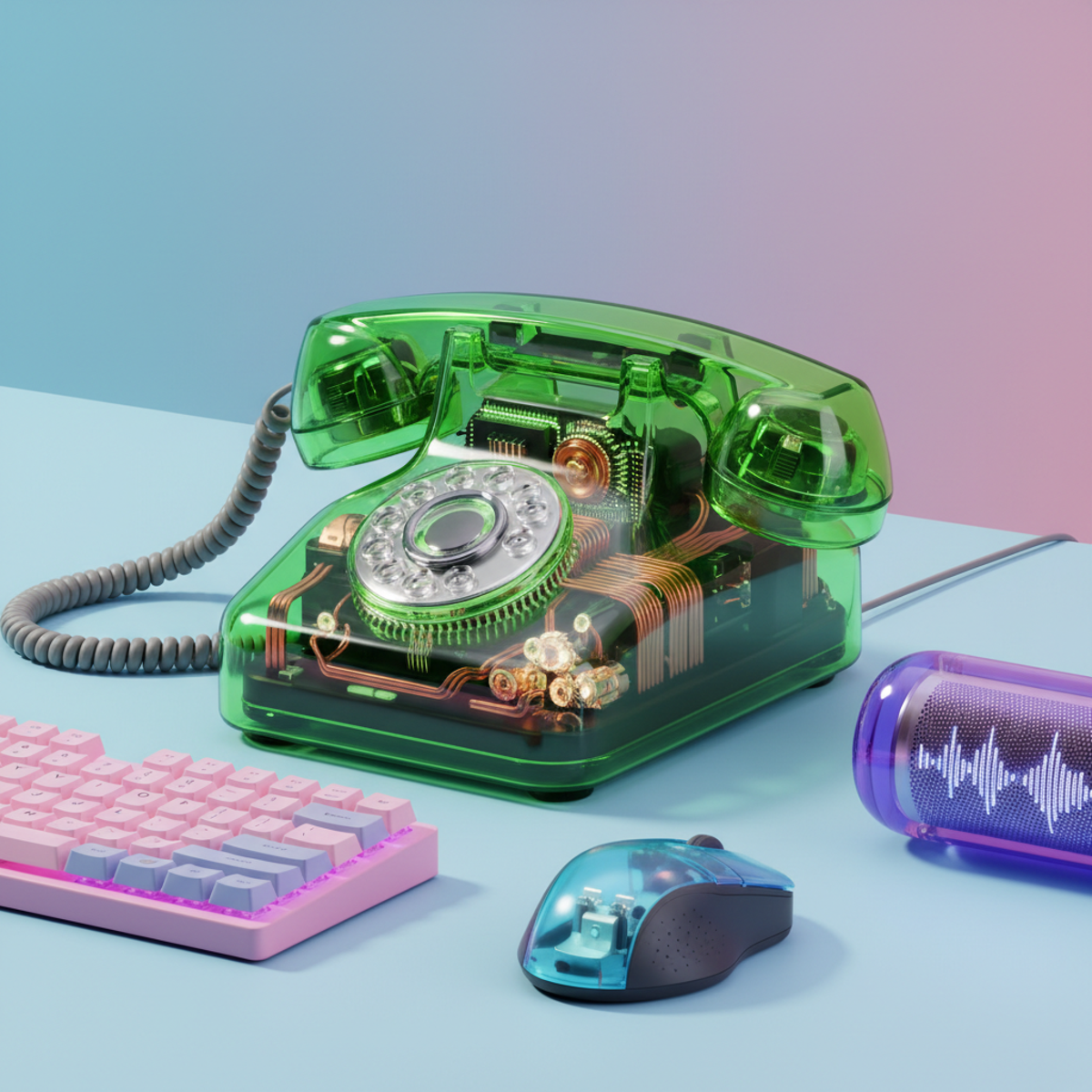 Lime green translucent retro phone revealing internal microchips through glossy shell.