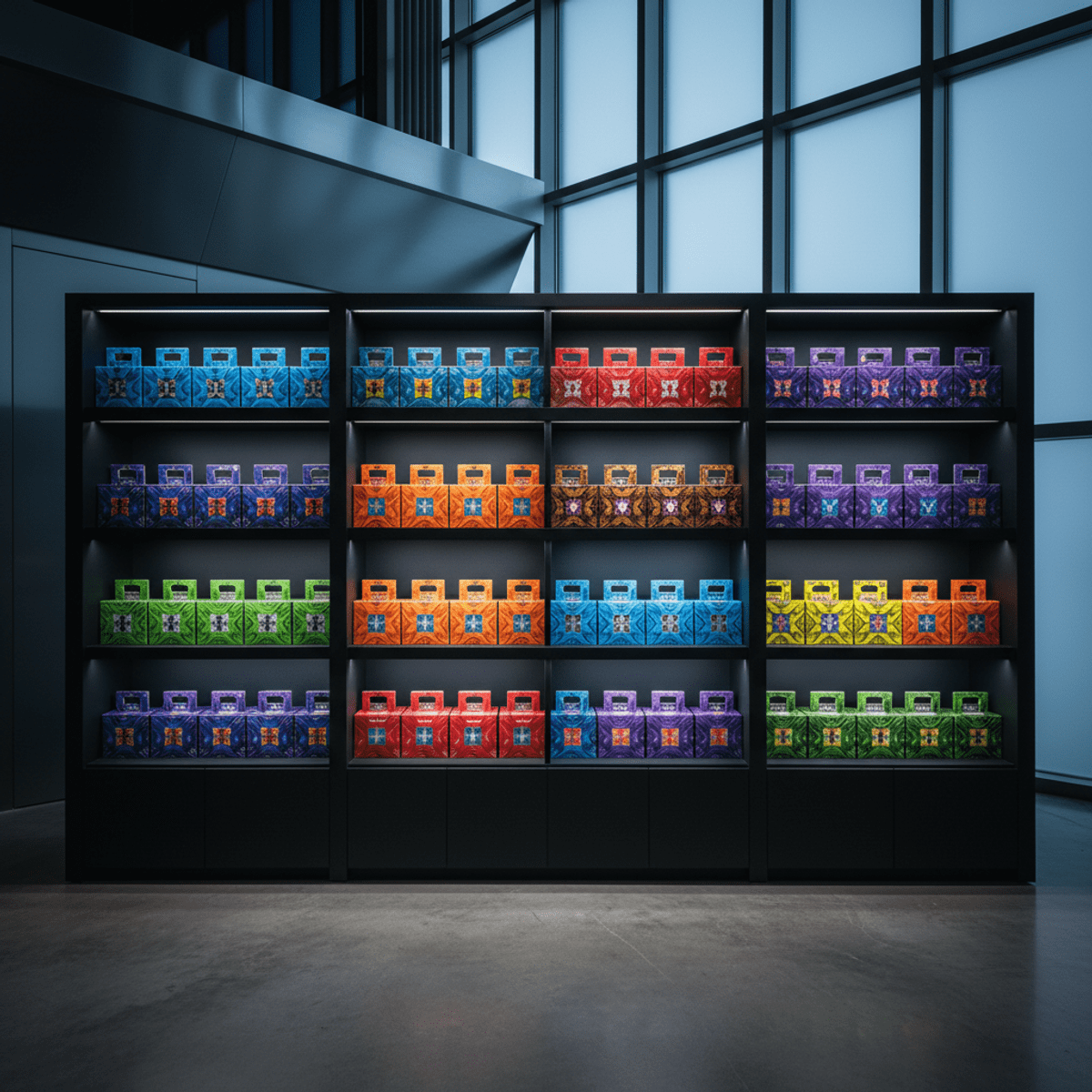 High-end retail display featuring vivid trading card boxes on matte black shelves.