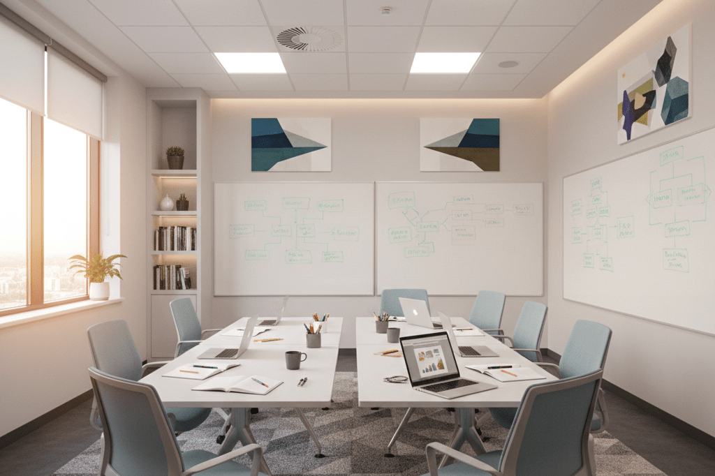 Warmly lit modern training room with notebooks, laptops, and artwork symbolizing employee growth and teamwork