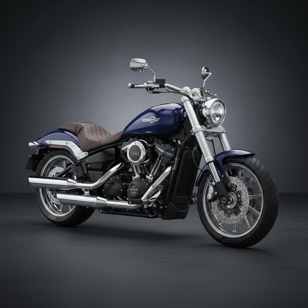 Classic American cruiser motorcycle in deep midnight blue with chrome accents.