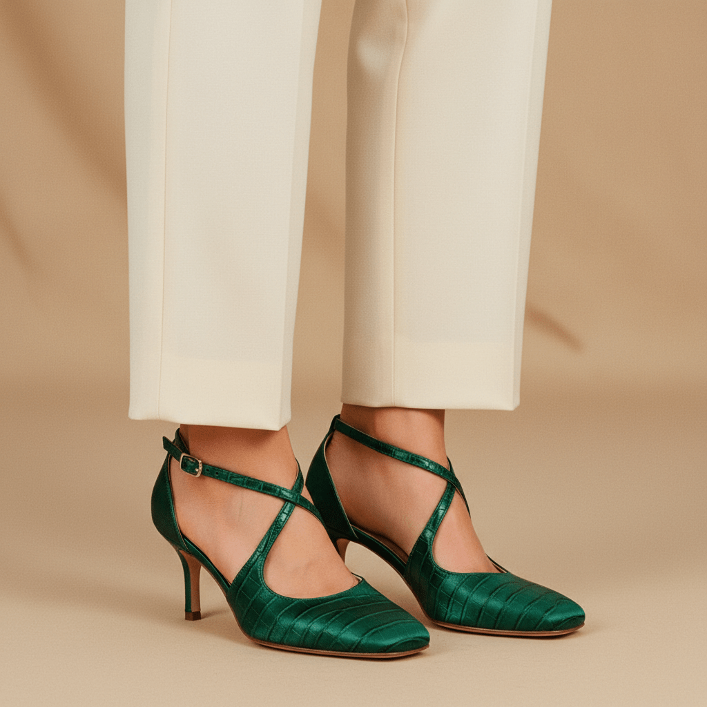 Close-up of emerald green satin strappy kitten heels with mock-croc texture.